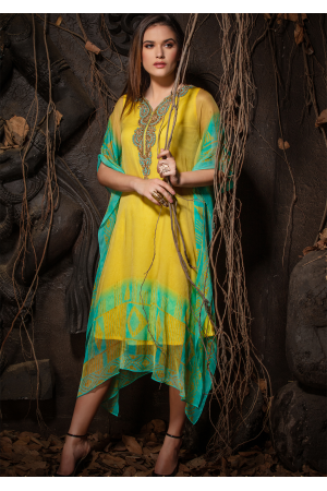 Yellow With Blue Color Designer Chiffon Kurti